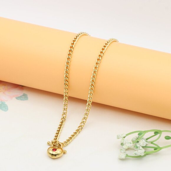 Gold Plated Heart Pendant Necklace With Red Stone Charm, XPNL0380 - Picture 9 of 12